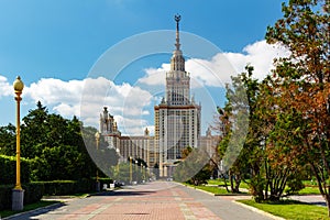 Lomonosov Moscow State University MSU. View of the main building on Sparrow Hills