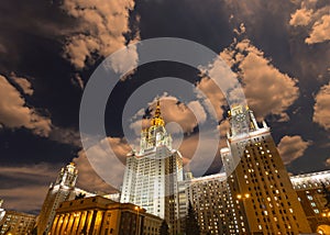 Lomonosov Moscow State University on Sparrow Hills at night, main building, Russia.