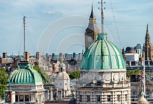 London aerial skyline from rooftop with Houses of Parliament on