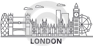 London architecture line skyline illustration. Linear vector cityscape with famous landmarks, city sights, design icons