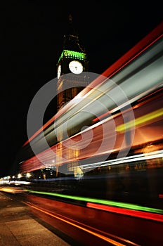 London, Big Ben, bus in motion