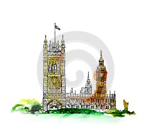 London, Big Ben, Houses of Parliament Illustration. Sketch with colourful water colour effect