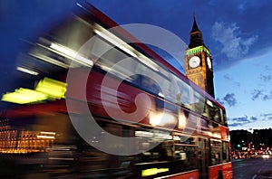 London Big Ben and red bus at night