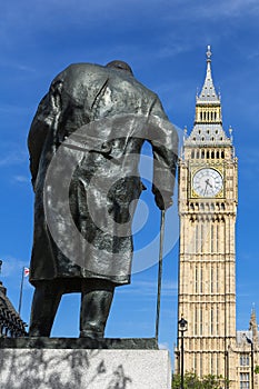 London, Big Ben and Statue Of Winston Churchill