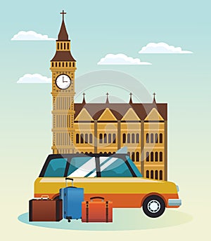 London big ben and taxi cab with travel suitcases