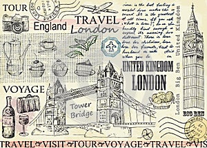 London with Big Ben and Tower Bridge. Vector illustration