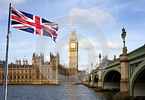 London Big Ben and Westminster bridge and british flag
