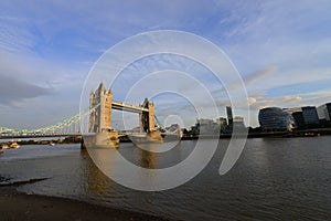 London Bridge, financial buildings and Thames river