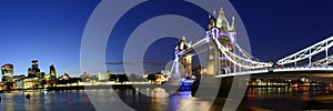 London Bridge over Thames river night panorama, UK