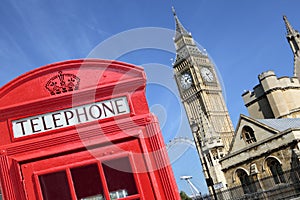 London British red telephone box booth Big Ben