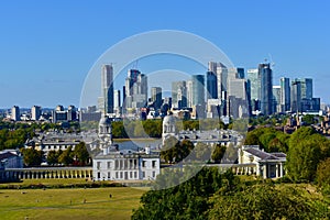 London Canary Wharf cityscape and Greenwich park