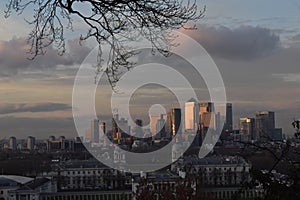 London Canary Wharf cityscape and Greenwich park