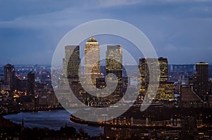 London, Canary Wharf skyline at night