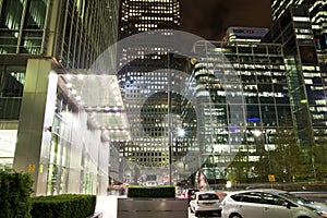 LONDON, CANARY WHARF UK - APRIL 4, 2014 Canary Wharf square view in night lights