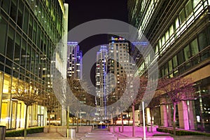 LONDON, CANARY WHARF UK - APRIL 4, 2014 Canary Wharf square view in night lights