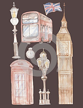 London capital city of uk city tower bus telephone booth lanterns and english flag watercolor illustration hand drawn set isolated
