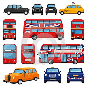 London car vector british cab taxi and uk red bus for transporting in england illustration set of tourism transportation