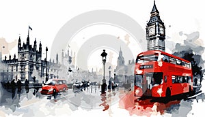 London central street drawing watercolor sketch illustration. Red bus, car and sights. Great Britain capital, tourism or