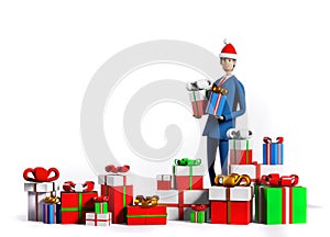 London. Christmas lights at Oxford street3D rendering illustration Businessman with lots of presents and Christmas gifts. Celebrat