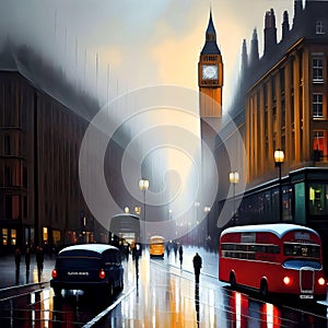 London city centre Westminster graphic image red bus double decker taxi road building winter landscape people