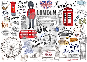 London city doodles elements collection. Hand drawn set with, tower bridge, crown, big ben, royal guard, red bus and black cab, UK