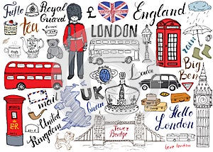 London city doodles elements collection. Hand drawn set with, tower bridge, crown, big ben, royal guard, red bus and cab, UK map a