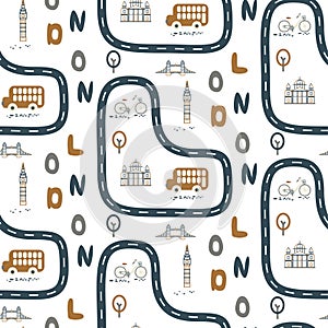 London city outdoor boy kid seamless vector pattern.