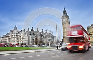 London city scene with red bus and Big Ben in background