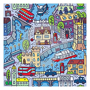 London. City seamless pattern Roads, houses, river