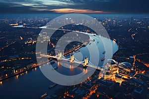 London city skyline at night with Tower Bridge and Thames river, UK, Aerial view of London and the River Thames, AI Generated