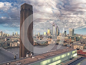 London city view of financial district animated view across tate modern, millennium bridge with skyline skyscapers