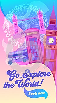 London Cityscape with All Famous Building Color Image. Around World Travel Concept Banner. Red Bus, Big Ben, Phone Booth, Tower