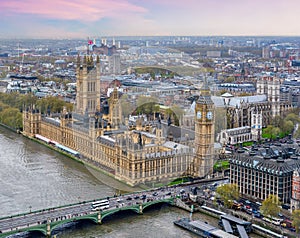 London cityscape with Houses of Parliament and Big Ben tower, UK