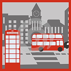 London cityscape, red telephone booth, bus. Vector illustration in the papercut style