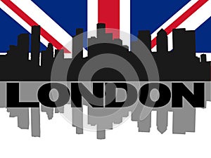 London docklands reflected and London text with  flag illustration