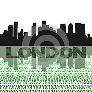 London docklands skyline reflected with binary code illustration photo