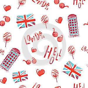 London doodle seamless pattern with flag, bus, guard. Elegant colorful sketch illustration