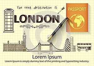 London doodles on yellow paper with 3D fountain pen and passport