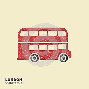 London double-decker flat red bus. Flat icon with scuffed effect