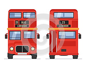 London double decker red bus cartoon illustration, English UK british tour front isolated flat bus icon