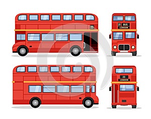 London double decker red bus cartoon illustration, English UK british tour front side isolated flat bus icon