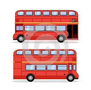 London double decker red bus cartoon illustration, English UK british tour front side isolated flat bus icon