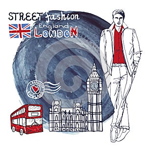 London dude men.Watercolor splash background.Street fashion photo