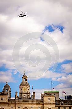 London, England, 14th of May 2020: Army helicopter hovering over the Horse guards palace