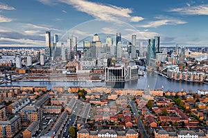 London, England - Aerial Panoramic skyline view of Bank and Canary Wharf