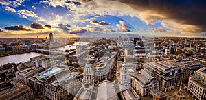 London, England - Aerial panoramic skyline view of London taken from top of St.Paul`s Cathedral with dramatic clouds