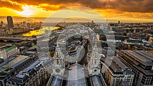 London, England - Aerial panoramic skyline view of London taken from top of St.Paul`s Cathedral at sunset