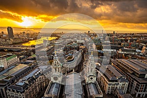 London, England - Aerial panoramic skyline view of London taken from top of St.Paul`s Cathedral at sunset