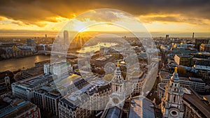 London, England - Aerial panoramic skyline view of London taken from top of St.Paul`s Cathedral at sunset