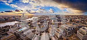 London, England - Aerial panoramic skyline view of London taken from top of St.Paul`s Cathedral